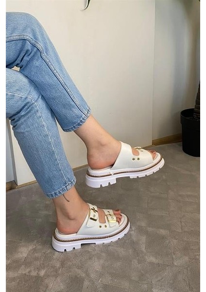 Kadın Çift Bantlı Kapsül Detaylı Kalın Taban Ortopedik Sandalet Terlik K-100 fırsatları