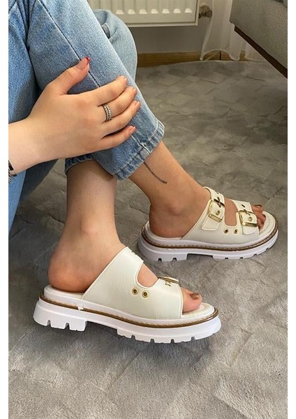 Kadın Çift Bantlı Kapsül Detaylı Kalın Taban Ortopedik Sandalet Terlik K-100 indirimleri