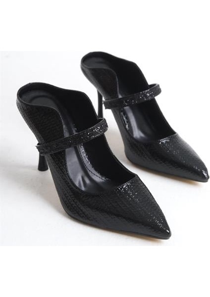 Kadın Siyah Rugan 9 cm Ince Topuklu Sivri Burunlu Arkası Acık Tasarım Stiletto fırsatları