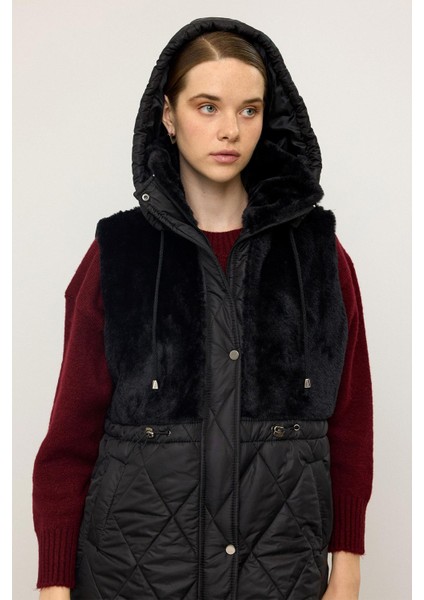 Çıkabiken Kapüşonlu Peluş Garnili Kapitone Yelek Siyah 8264 modelleri