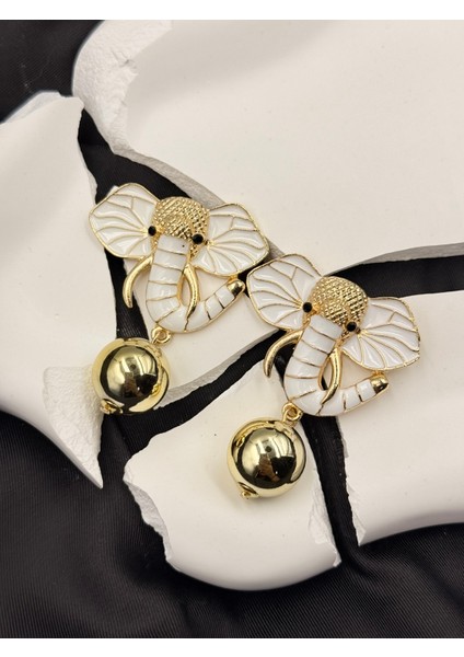 Beyaz Mineli Fil Figürlü Altın Gold Detaylı Tasarım Marka Model Sallantılı Çelik Küpe