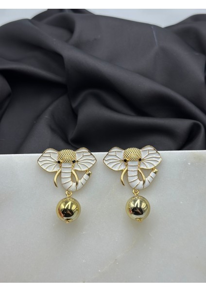 Beyaz Mineli Fil Figürlü Altın Gold Detaylı Tasarım Marka Model Sallantılı Çelik Küpe fiyatları