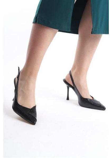 Kadın Siyah Rugan 9 cm Ince Topuklu Sivri Burunlu Arkası Acık Tasarım Stiletto fiyatları