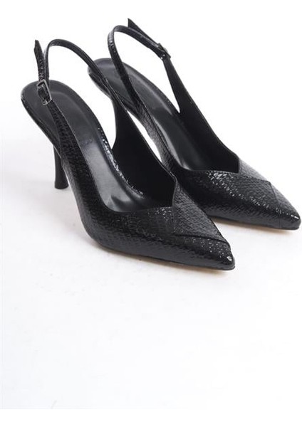 Kadın Siyah Rugan 9 cm Ince Topuklu Sivri Burunlu Arkası Acık Tasarım Stiletto fırsatları