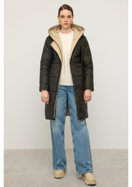 Kapüşonlu Garni Detaylı Kapitone Mont Haki 6782