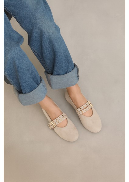 Bej Süet Rengi Babet Zımbalı Çift Tokalı Kadın Babet | Günlük Rahat Düz Taban Mary Jane Ayakkabı