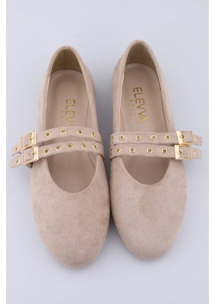 Bej Süet Rengi Babet Zımbalı Çift Tokalı Kadın Babet | Günlük Rahat Düz Taban Mary Jane Ayakkabı modelleri