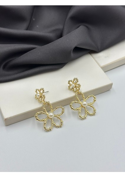 Gold Altın Detaylı Papatyalı Çiçekli Tasarım Çelik Kadın Küpe