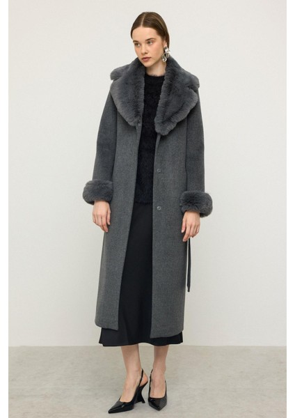 Ceket Yaka Yakası ve Kolları Çıkabilen Kürklü Uzun Kaban Koyu Gri 3088 fiyatları