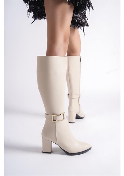 Kadın Paris Krem Tokalı Detaylı Yandan Fermuarlı Diz Altı Cizme 410 fiyatları