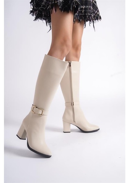 Kadın Paris Krem Tokalı Detaylı Yandan Fermuarlı Diz Altı Cizme 410 modelleri