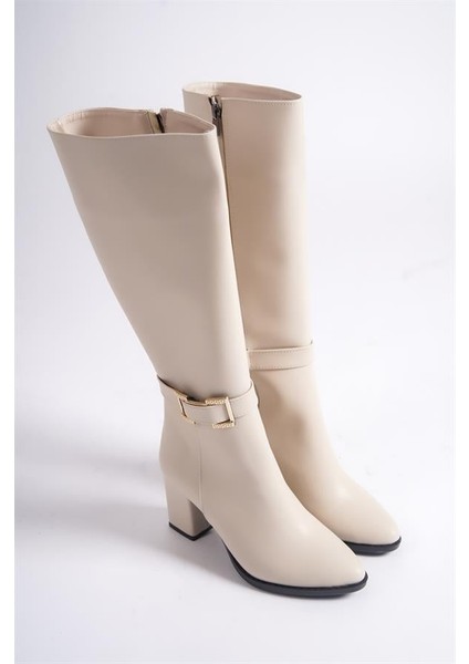 Kadın Paris Krem Tokalı Detaylı Yandan Fermuarlı Diz Altı Cizme 410 fırsatları