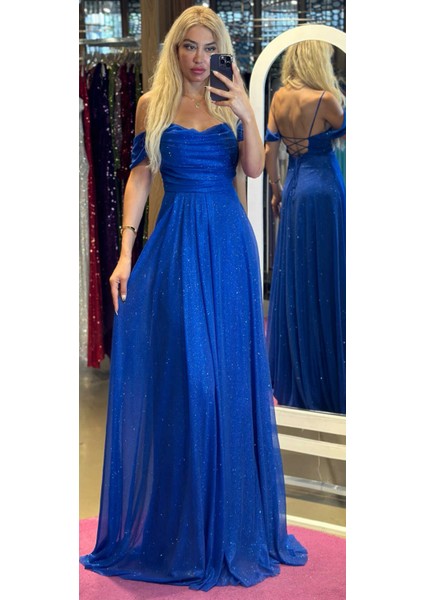 Saks Ip Askılı Sırt Dekolteli Kloş Etekli Simli Kumaş Uzun Abiye Elbise 7365