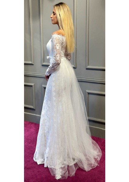 Beyaz Uzun Kollu Dantel Detaylı Balık Etekli Dantel Kumaş Uzun Abiye Elbise 6811 modelleri