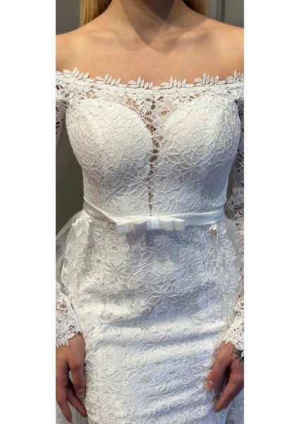 Beyaz Uzun Kollu Dantel Detaylı Balık Etekli Dantel Kumaş Uzun Abiye Elbise 6811 fırsatları