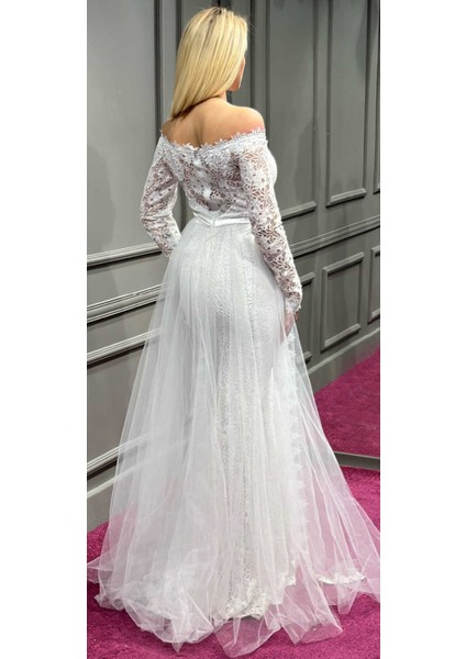 Beyaz Uzun Kollu Dantel Detaylı Balık Etekli Dantel Kumaş Uzun Abiye Elbise 6811 indirimleri