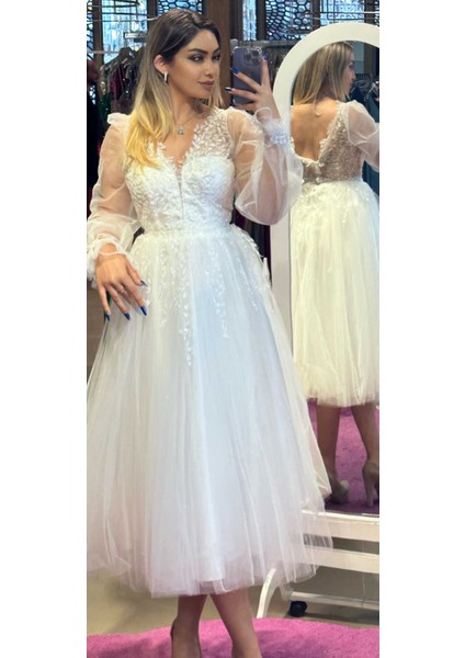 Beyaz Uzun Kollu Dantel Detaylı Kloş Etekli Tül Midi Abiye Elbise 7071