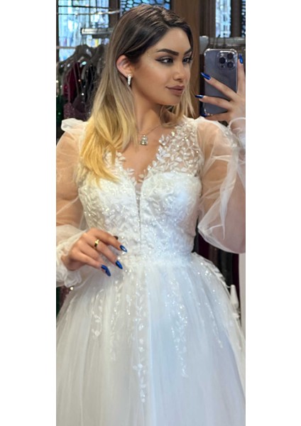 Beyaz Uzun Kollu Dantel Detaylı Kloş Etekli Tül Midi Abiye Elbise 7071 fiyatları