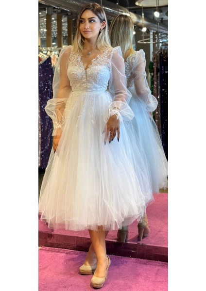 Beyaz Uzun Kollu Dantel Detaylı Kloş Etekli Tül Midi Abiye Elbise 7071 modelleri