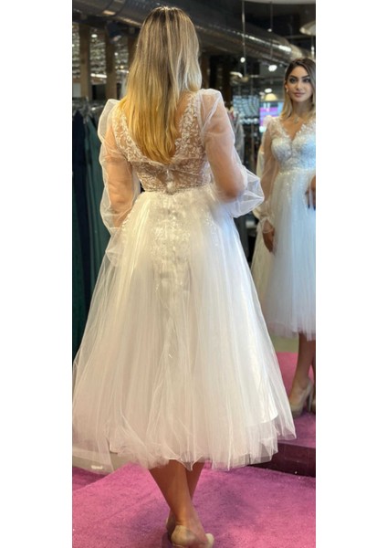 Beyaz Uzun Kollu Dantel Detaylı Kloş Etekli Tül Midi Abiye Elbise 7071 indirimleri