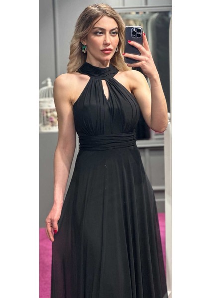 Siyah Sırt Dekolteli Kloş Etekli Tül Uzun Abiye Elbise 6034 fiyatları