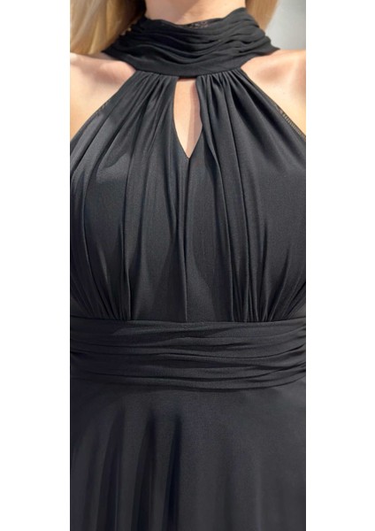 Siyah Sırt Dekolteli Kloş Etekli Tül Uzun Abiye Elbise 6034 fırsatları
