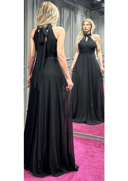 Siyah Sırt Dekolteli Kloş Etekli Tül Uzun Abiye Elbise 6034 indirimleri