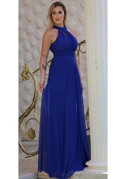 Saks Sırt Dekolteli Kloş Etekli Tül Uzun Abiye Elbise 6034