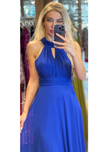 Saks Sırt Dekolteli Kloş Etekli Tül Uzun Abiye Elbise 6034 fiyatları