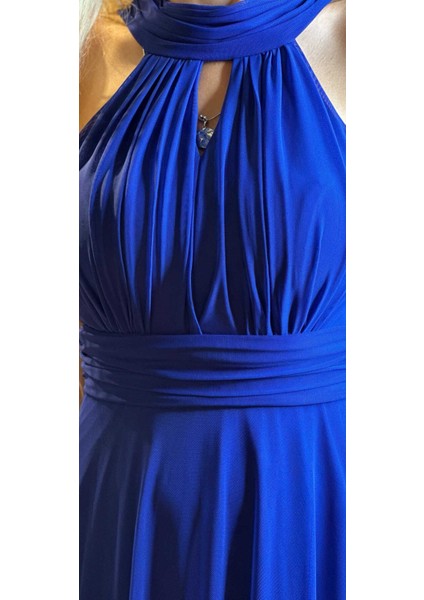 Saks Sırt Dekolteli Kloş Etekli Tül Uzun Abiye Elbise 6034 fırsatları