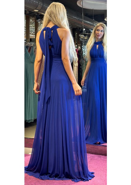 Saks Sırt Dekolteli Kloş Etekli Tül Uzun Abiye Elbise 6034 indirimleri