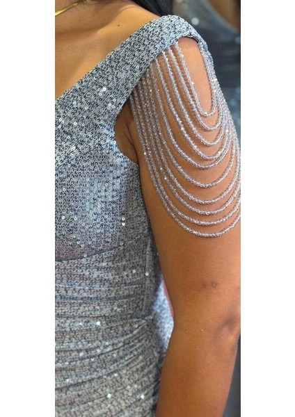 Mavi Kalın Askı Boncuk İşlemeli Yırtmaçlı Düz Kesim Payet Uzun Abiye Elbise 7570 fırsatları