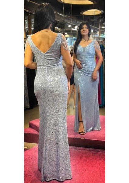 Mavi Kalın Askı Boncuk İşlemeli Yırtmaçlı Düz Kesim Payet Uzun Abiye Elbise 7570 indirimleri