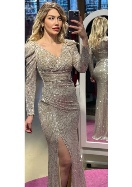 Bej Uzun Kollu Yırtmaçlı Düz Kesim Payet Uzun Abiye Elbise 7321 fiyatları