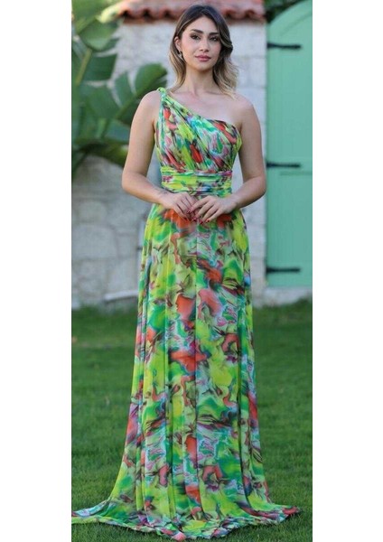 Açık Yeşil Tek Omuzlu Kloş Etekli Desenli Uzun Abiye Elbise 7546