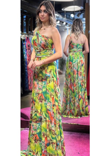 Açık Yeşil Tek Omuzlu Kloş Etekli Desenli Uzun Abiye Elbise 7546 modelleri