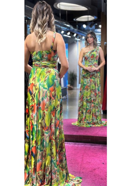 Açık Yeşil Tek Omuzlu Kloş Etekli Desenli Uzun Abiye Elbise 7546 indirimleri