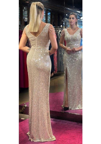 Bej Kalın Askı Boncuk Işlemeli Yırtmaçlı Düz Kesim Payet Uzun Abiye Elbise 7570 fırsatları