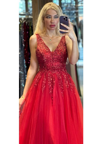 Kırmızı Kalın Askı Kloş Etekli Tül Uzun Abiye Elbise 6871 fiyatları