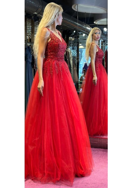 Kırmızı Kalın Askı Kloş Etekli Tül Uzun Abiye Elbise 6871 modelleri