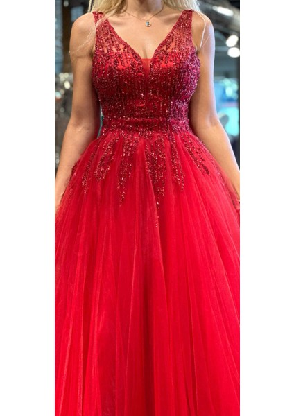 Kırmızı Kalın Askı Kloş Etekli Tül Uzun Abiye Elbise 6871 fırsatları