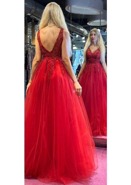 Kırmızı Kalın Askı Kloş Etekli Tül Uzun Abiye Elbise 6871 indirimleri