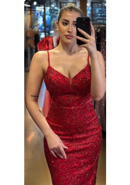 Kırmızı Ip Askılı Bel Dekolteli Düz Kesim Simli Midi Abiye Elbise 7129 fiyatları