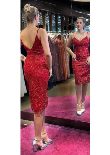 Kırmızı Ip Askılı Bel Dekolteli Düz Kesim Simli Midi Abiye Elbise 7129 fırsatları