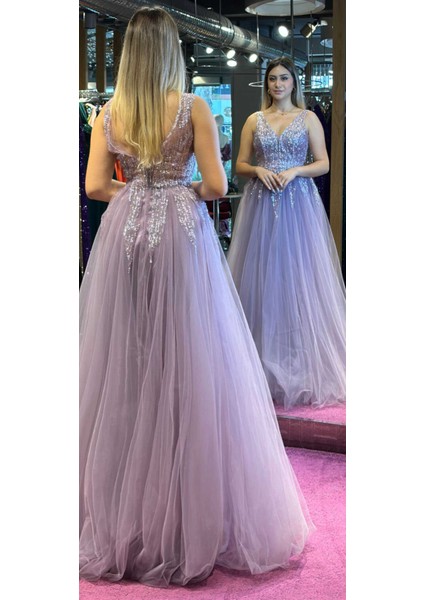 Lavanta Kalın Askı Kloş Etekli Tül Uzun Abiye Elbise 6871 indirimleri