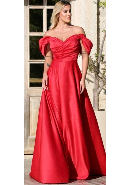Kırmızı Düşük Kollu Anvelop Yırtmaçlı Kloş Etekli Saten Uzun Abiye Elbise 7568