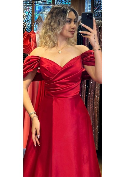 Kırmızı Düşük Kollu Anvelop Yırtmaçlı Kloş Etekli Saten Uzun Abiye Elbise 7568 fiyatları