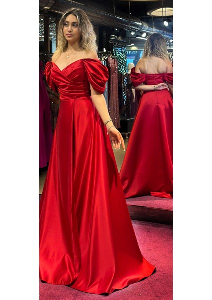 Kırmızı Düşük Kollu Anvelop Yırtmaçlı Kloş Etekli Saten Uzun Abiye Elbise 7568 modelleri