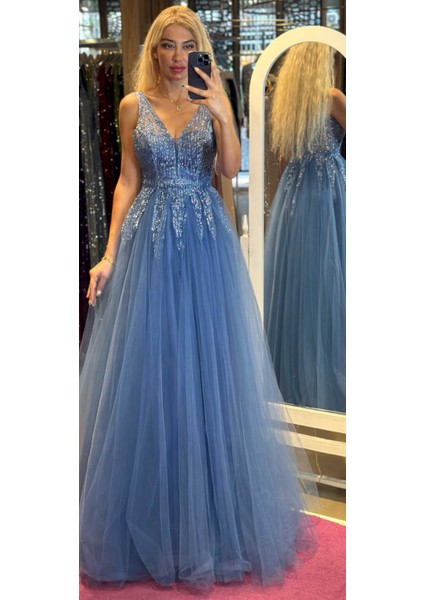 Indigo Kalın Askı Kloş Etekli Tül Uzun Abiye Elbise 6871