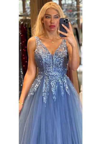 Indigo Kalın Askı Kloş Etekli Tül Uzun Abiye Elbise 6871 fiyatları